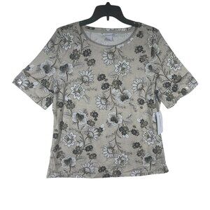 Liz Claiborne Blouse Women's Large Floral Beige & Black Short Sleeve Top‎ NEW